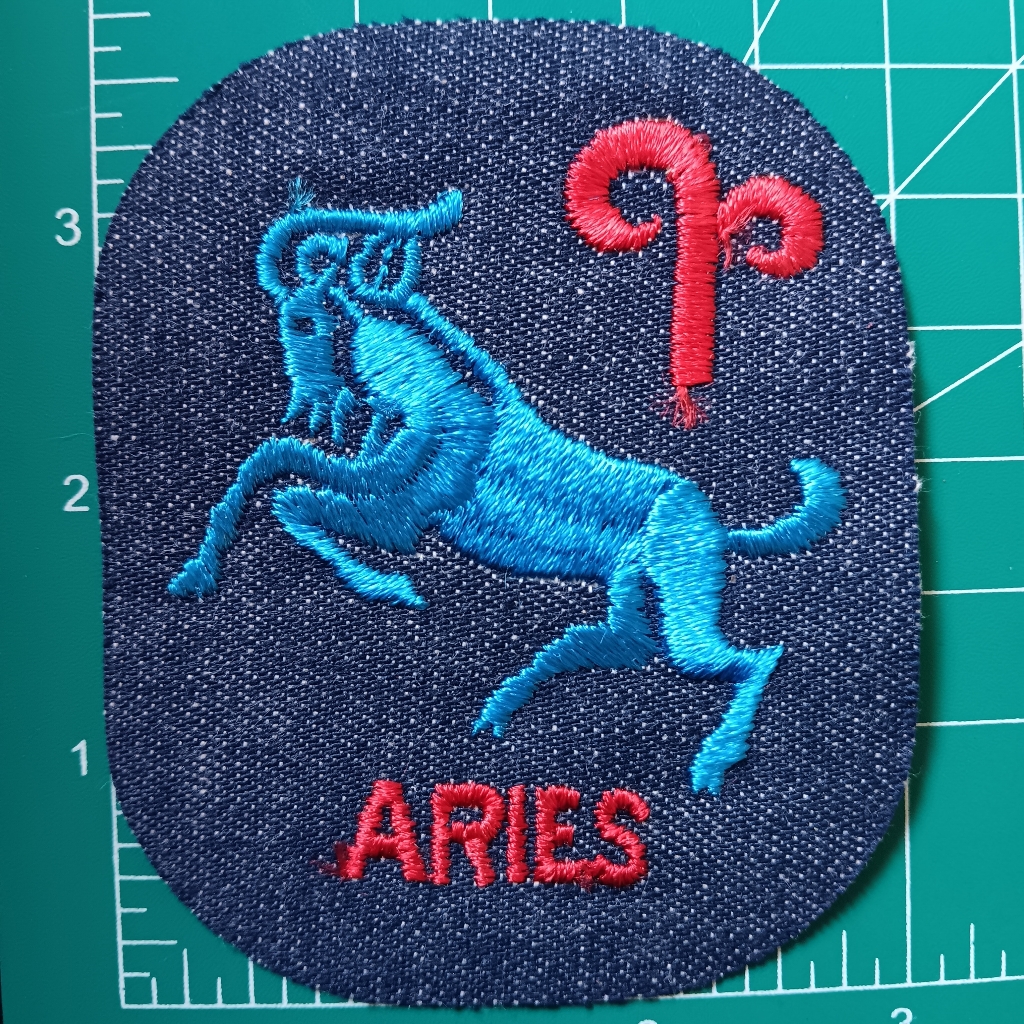 70s Vintage Aries Embroidered Zodiac Dark Denim Sew On Patch Blue & Red Jean